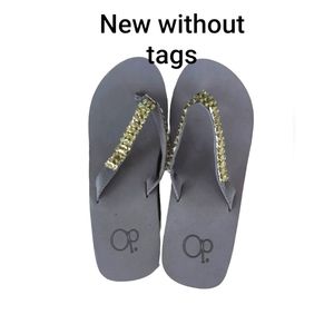 NEW Women’s OP Thick Sandals Gray Thong Style with Rhinestones Size 7-8